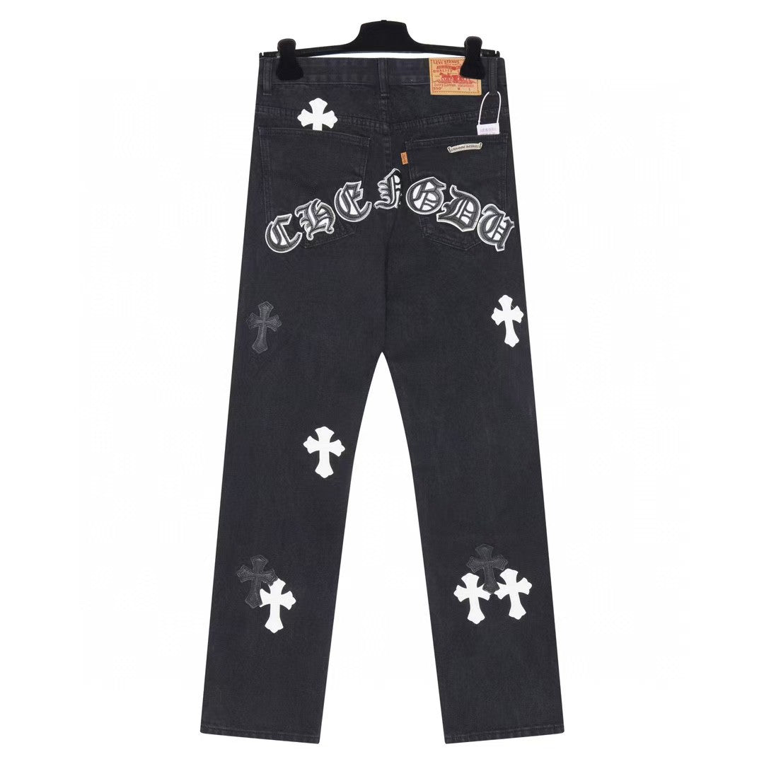 Chrome Hearts Cross Patch Embroidered Washed Denim Jeans Couple Loose Fit
