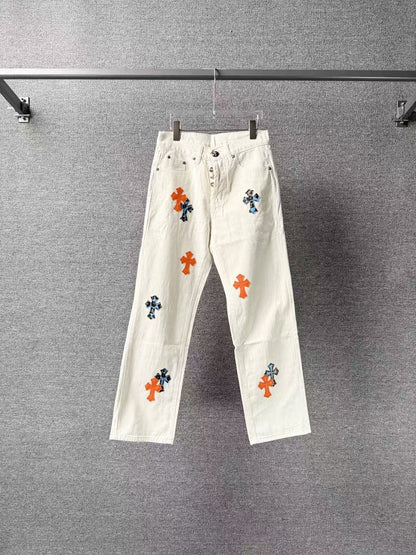 Chrome Hearts Cross Patchwork Distressed Jeans High Street Fashion for Men Women