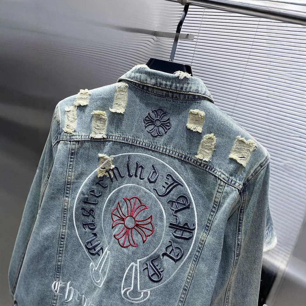Chrome Hearts Embroidered Distressed Denim Jacket for Men Women