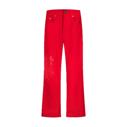 Chrome Hearts Dopamine Red Cross Patch Couple Distressed Jeans Trendy Leather Accents