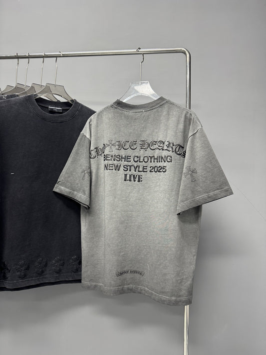 Chrome Hearts Summer New Vintage Washed Short Sleeve T Shirt Men Women Streetwear Heavy Work
