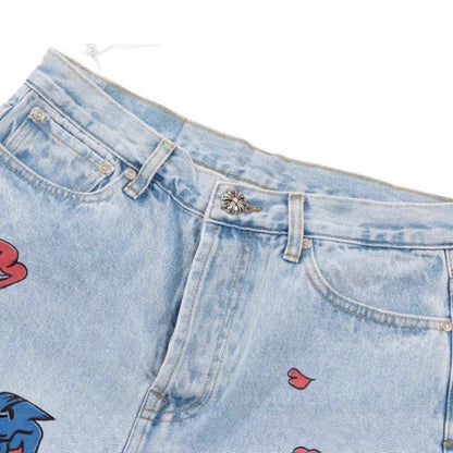 Vintage Washed Blue Jeans with CH Cross Leather Patch Embroidery Streetwear Couple Denim Pants