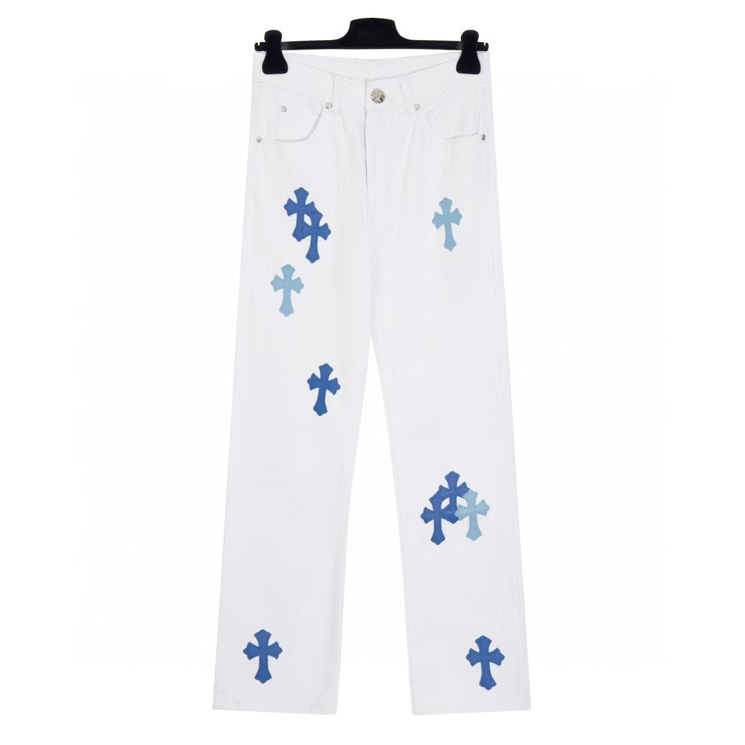 Chrome Hearts Cross Patch Embroidered Washed Denim Jeans Couple Loose Fit