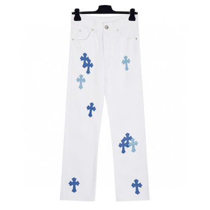 Chrome Hearts Cross Patch Embroidered Washed Denim Jeans Couple Loose Fit