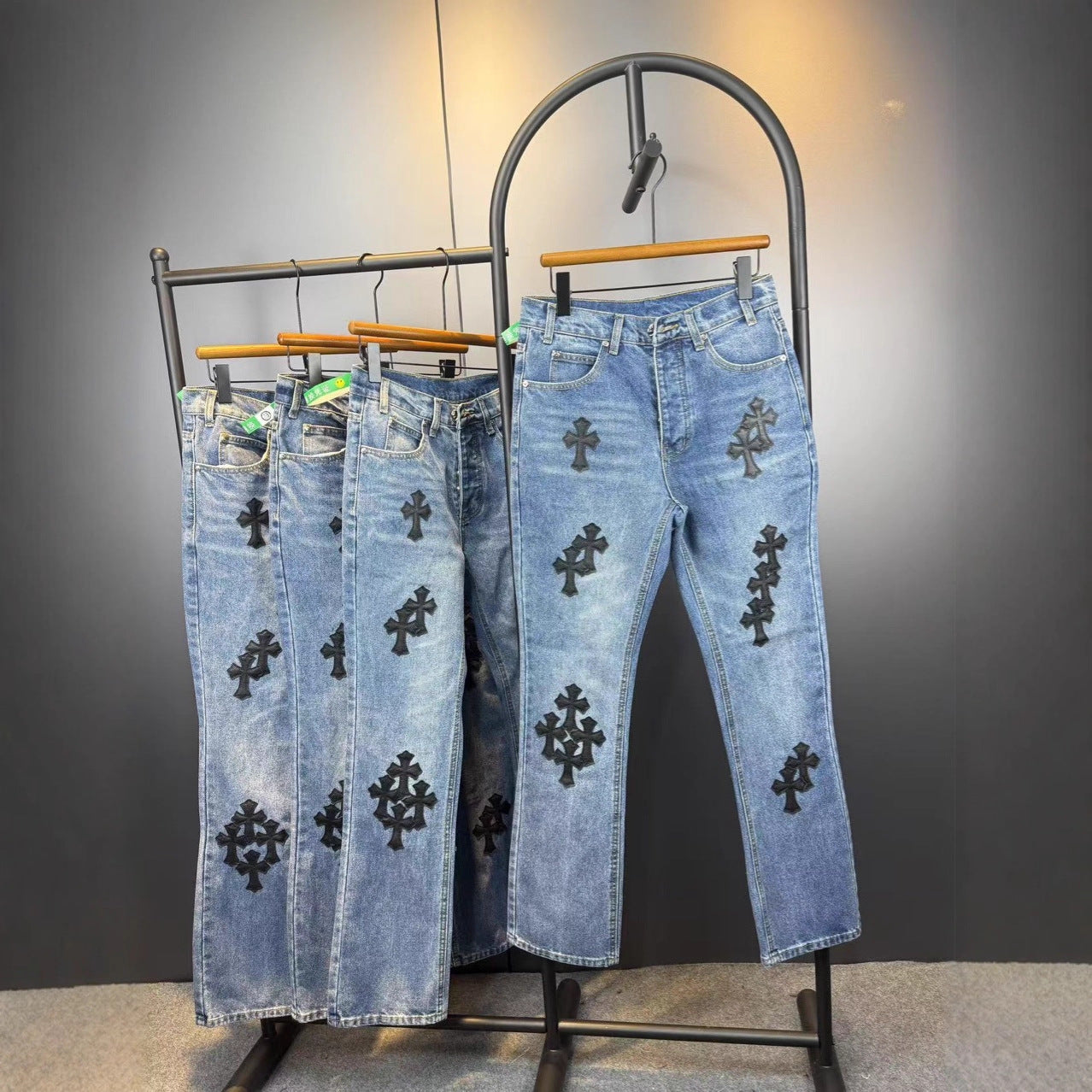 Chrome Hearts Flared Jeans High Street Slim Fit Classic Denim with White Cross Detail Cross Border