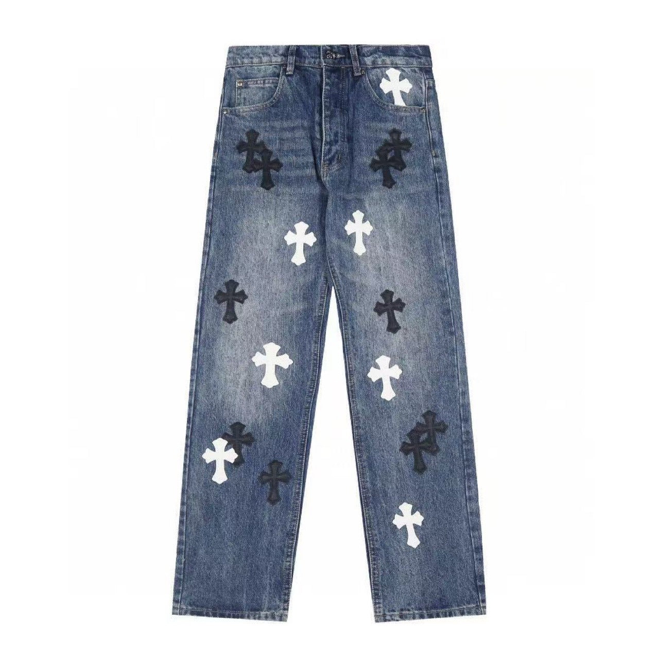 Chrome Hearts Jeans Washed Denim with Cross Leather Design for Men Women