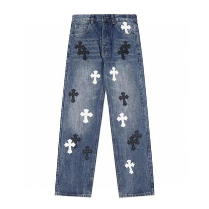 Chrome Hearts Jeans Washed Denim with Cross Leather Design for Men Women