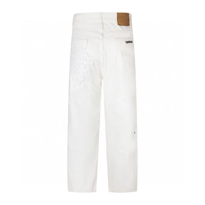 White Washed Jeans with Chrome Hearts Leather Cross Embroidery Couple Loose Fit Denim Fashion