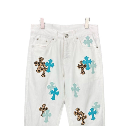 New Cross Small Design Trend Brand Front Back Patchwork White High Waist Chrome Hearts Jeans