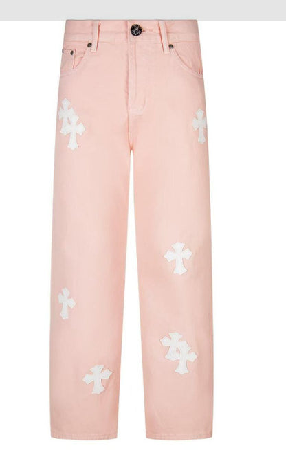 Chrome Hearts Cross Distressed Denim Jeans Couples Streetwear Loose Fit Trousers