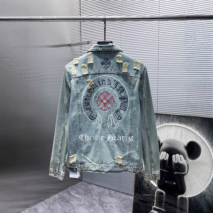 Chrome Hearts Embroidered Distressed Denim Jacket for Men Women