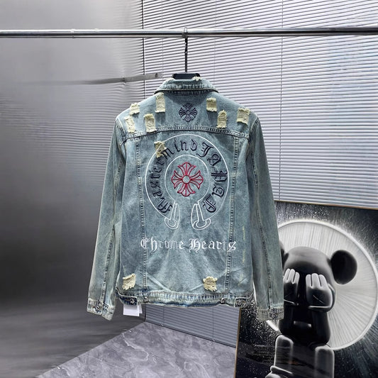 Chrome Hearts Embroidered Distressed Denim Jacket for Men Women
