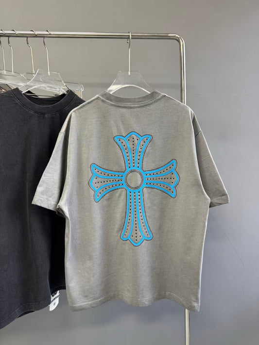 Chrome Hearts Summer New Vintage Washed Short Sleeve T Shirt Men Women Casual Tee Heavy Distressed Design