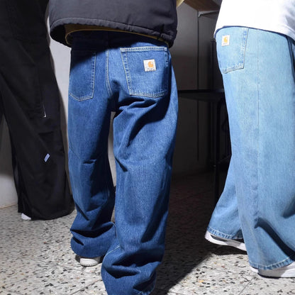 美式复古街头滑板宽松直筒嘻哈深蓝色多巴胺水洗牛仔裤长裤阔腿