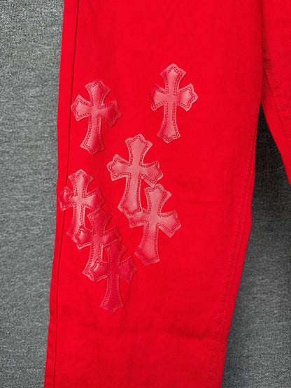 Chrome Hearts Dopamine Red Cross Patch Couple Distressed Jeans Trendy Leather Accents
