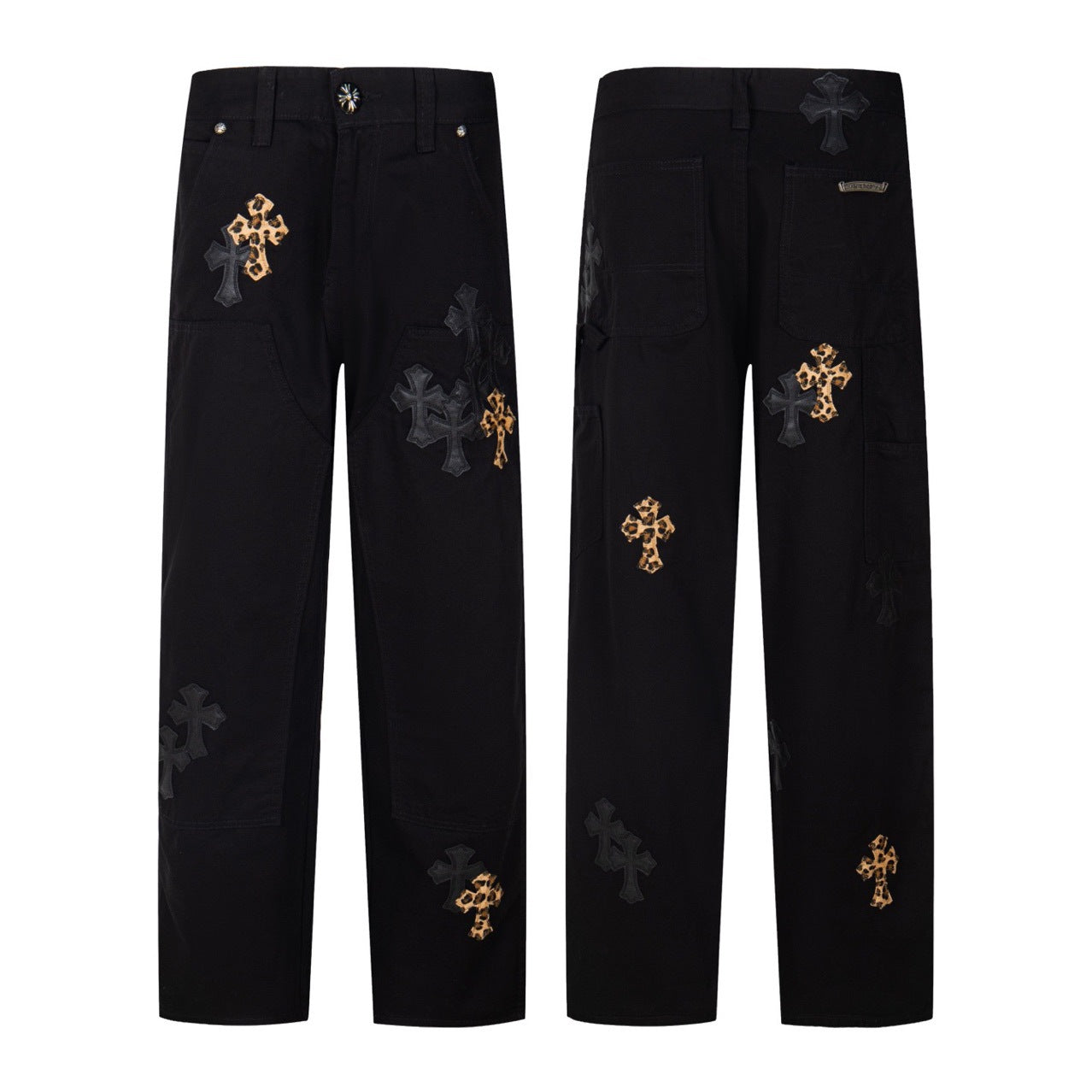 Workwear Black Leopard Cross Patchwork Loose Fit Couple Chrome Hearts Jeans