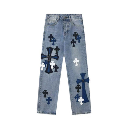 American High Street Gothic Cross Patch Unisex Loose Fit Washed Denim Jeans