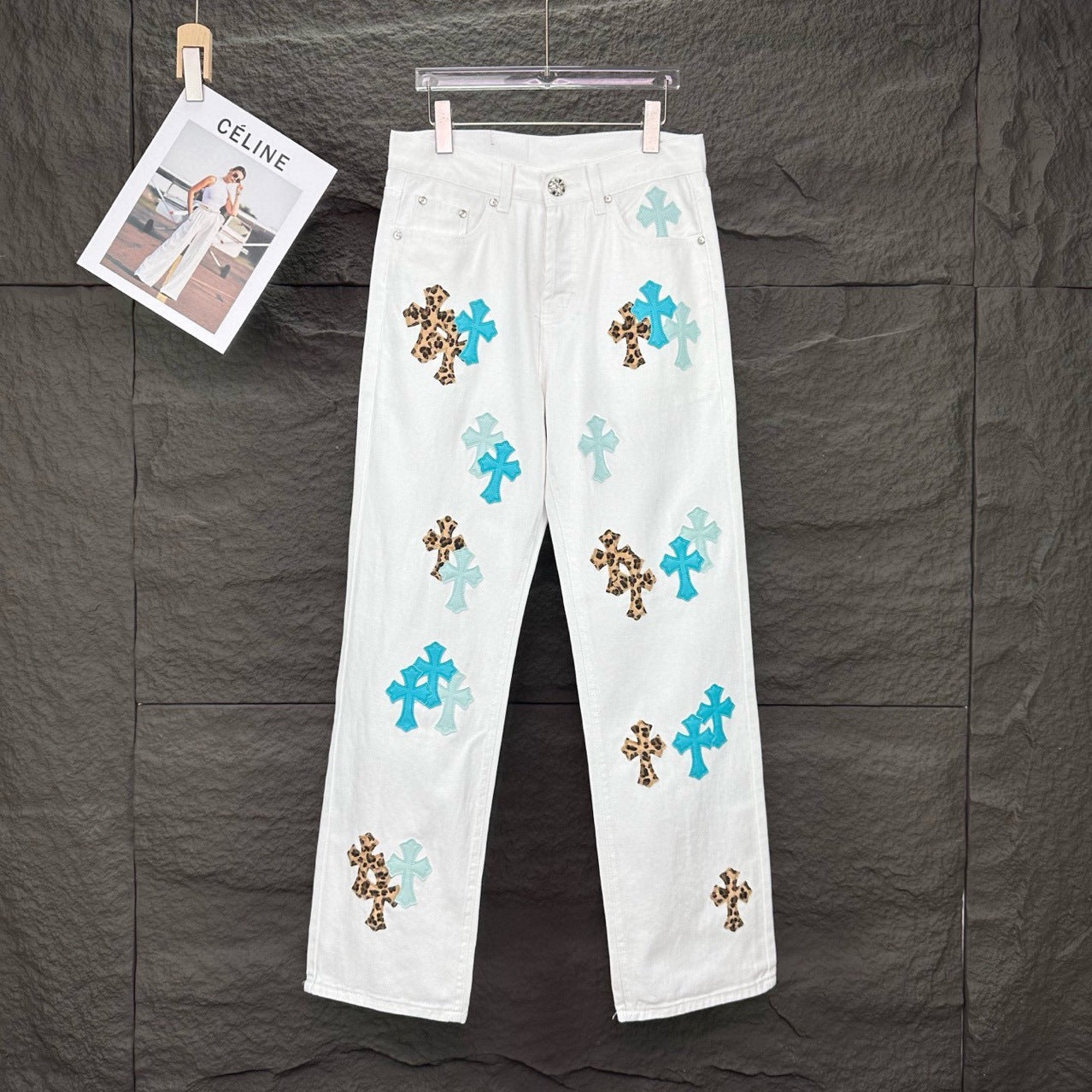 New Cross Small Design Trend Brand Front Back Patchwork White High Waist Chrome Hearts Jeans