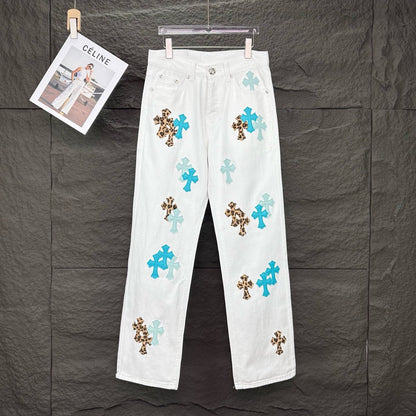 New Cross Small Design Trend Brand Front Back Patchwork White High Waist Chrome Hearts Jeans