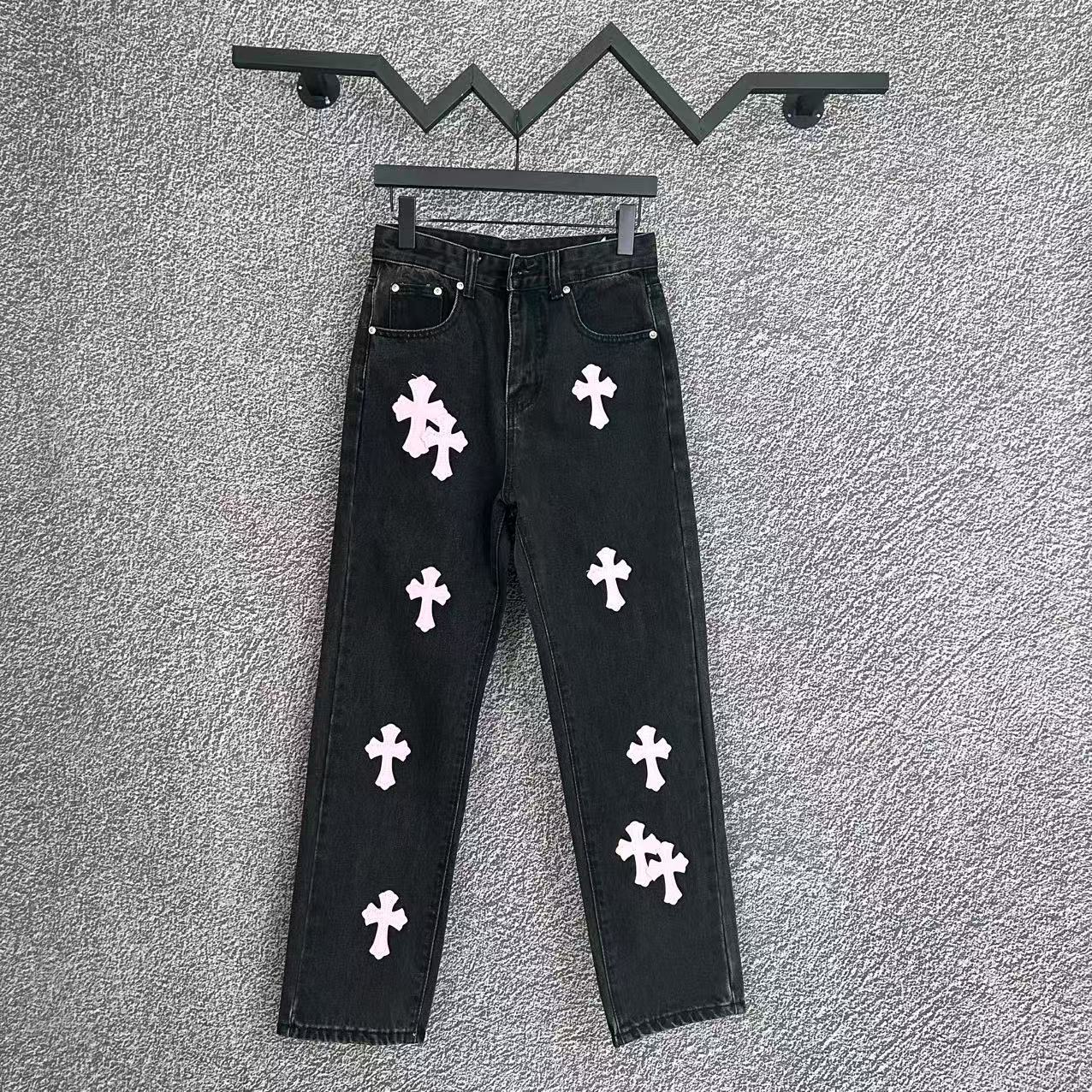 Chrome Hearts Cross Leather Patch Washed Denim Jeans Streetwear Loose Fit Couple Pants