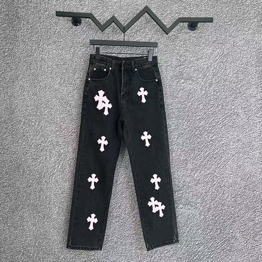 Chrome Hearts Cross Leather Patch Washed Denim Jeans Streetwear Loose Fit Couple Pants