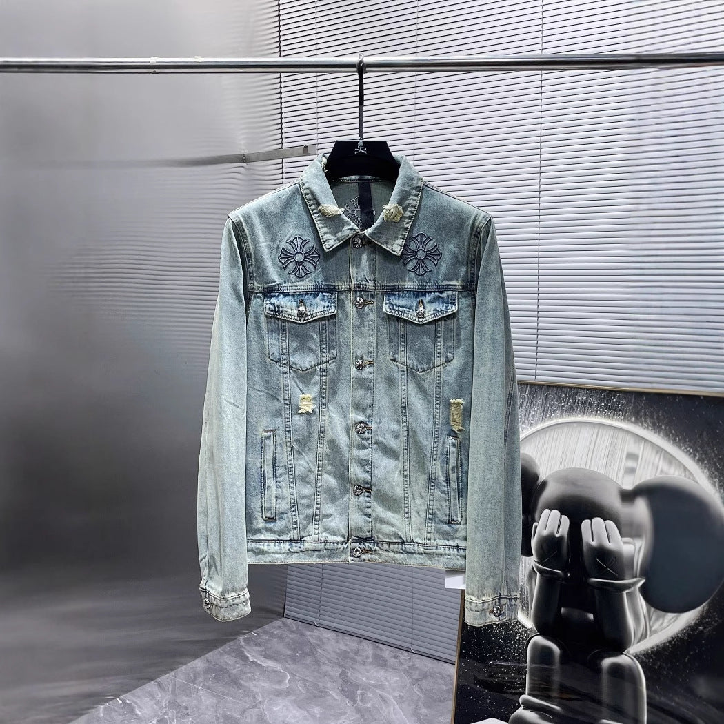 Chrome Hearts Embroidered Distressed Denim Jacket for Men Women