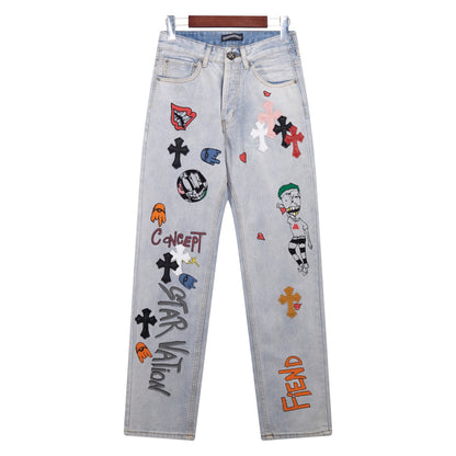 Chrome Hearts Cross Patch Embroidered Washed Jeans Couple Loose Streetwear Denim Pants