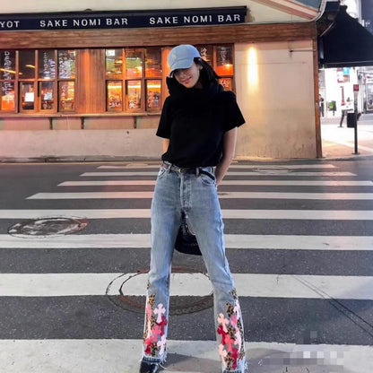 Chrome Heart High Quality Pink Leopard Patch Cross Flare Loose Fit Jeans for Men and Women