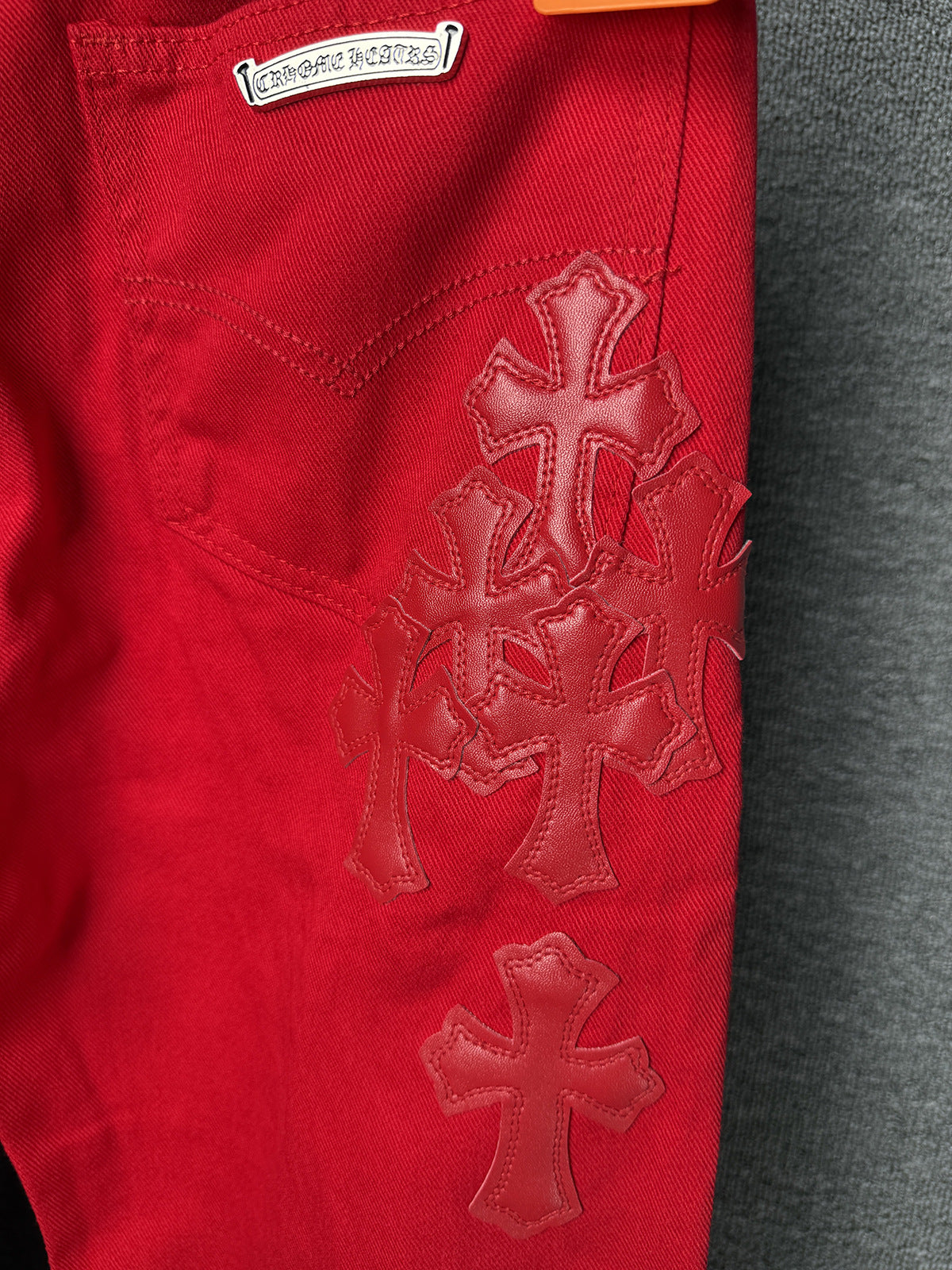 Chrome Hearts Dopamine Red Cross Patch Couple Distressed Jeans Trendy Leather Accents