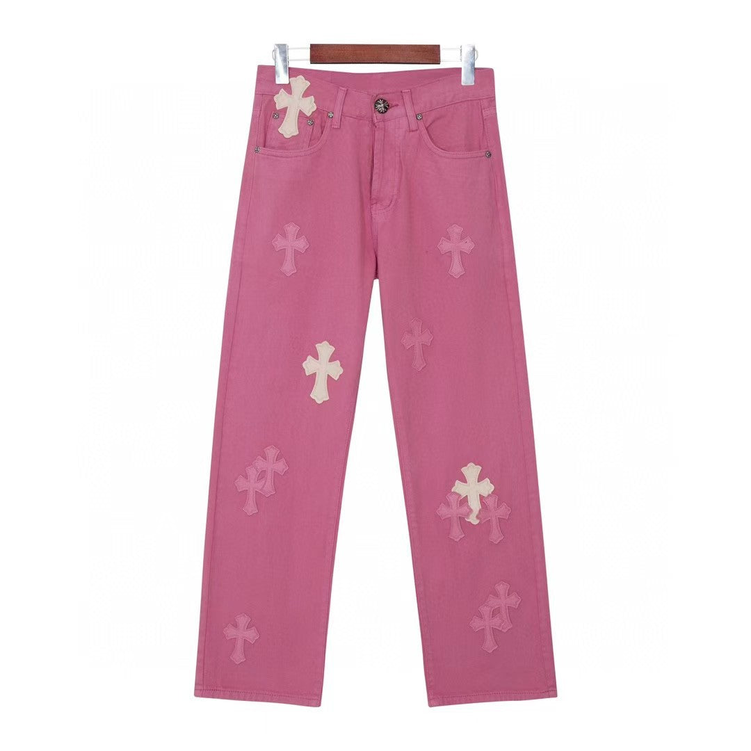 Chrome Hearts Cross Patch Embroidered Washed Jeans Couple Loose Streetwear Denim Pants