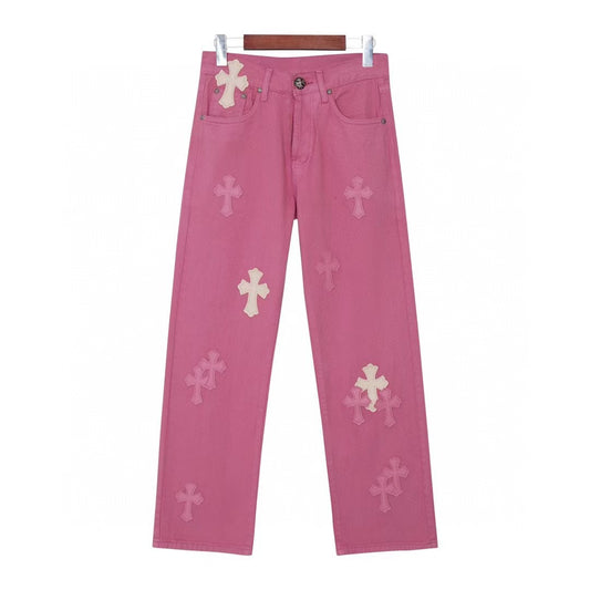 Chrome Hearts Cross Patch Embroidered Washed Jeans Couple Loose Streetwear Denim Pants