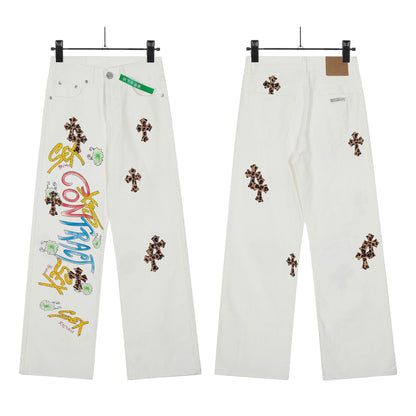 Vintage Chrome Hearts Cross Print Denim Jeans Loose Fit Couple Streetwear Washed Embroidered