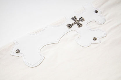 White Washed Jeans with Chrome Hearts Leather Cross Embroidery Couple Loose Fit Denim Fashion