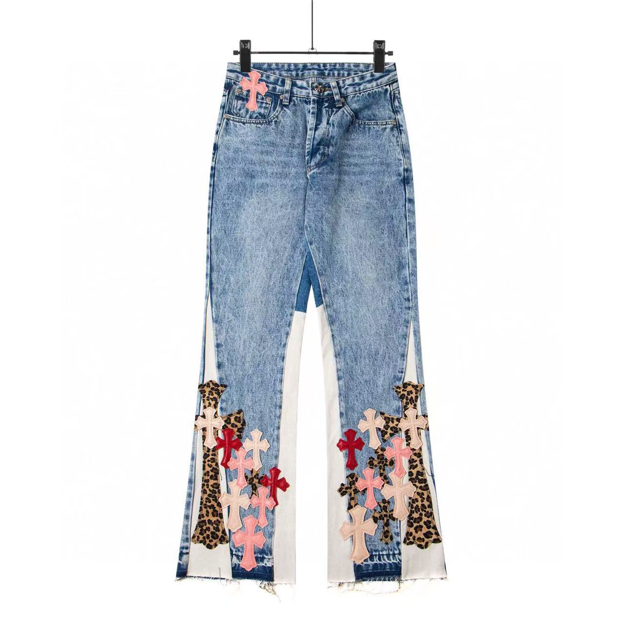 Chrome Heart High Quality Pink Leopard Patch Cross Flare Loose Fit Jeans for Men and Women