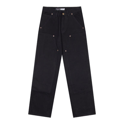 Carhartt Black Washed Double Knee Canvas Jeans with Metal Buckle Decor and Large Pockets Unisex Work Pants