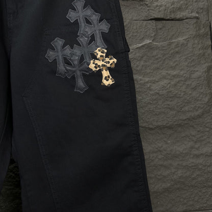 Workwear Black Leopard Cross Patchwork Loose Fit Couple Chrome Hearts Jeans