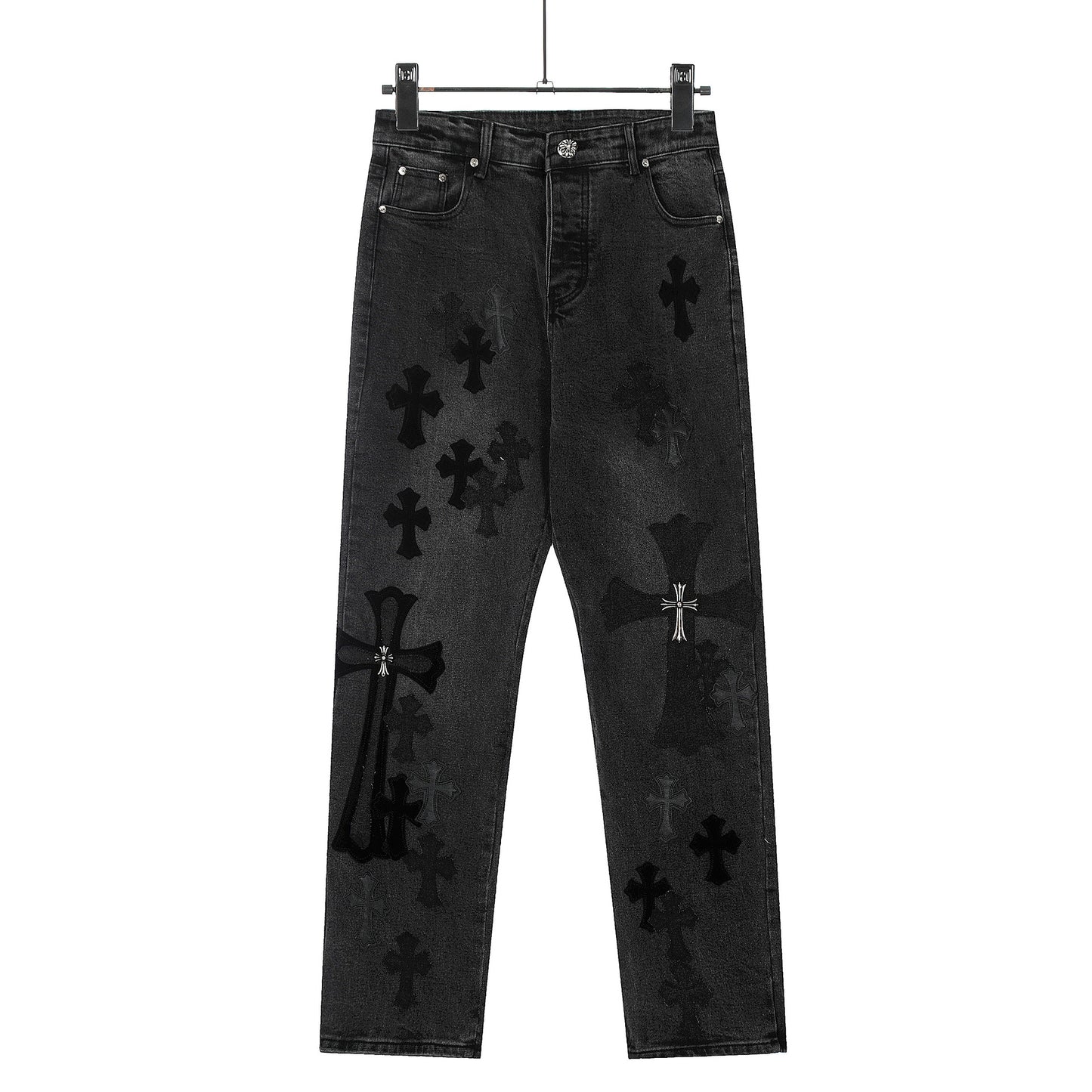 Vintage Chrome Hearts Cross Print Denim Jeans Loose Fit Couple Streetwear Washed Embroidered