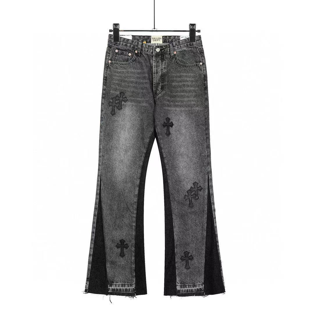 gallery DEPT premium leather cross flare jeans distressed wash patchwork high quality vintage style