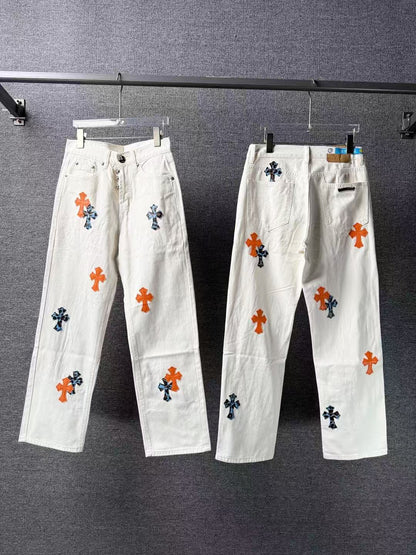 Chrome Hearts Cross Patchwork Distressed Jeans High Street Fashion for Men Women