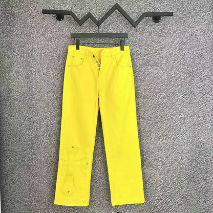 Chrome Hearts Cross Leather Patch Washed Denim Jeans Streetwear Loose Fit Couple Pants