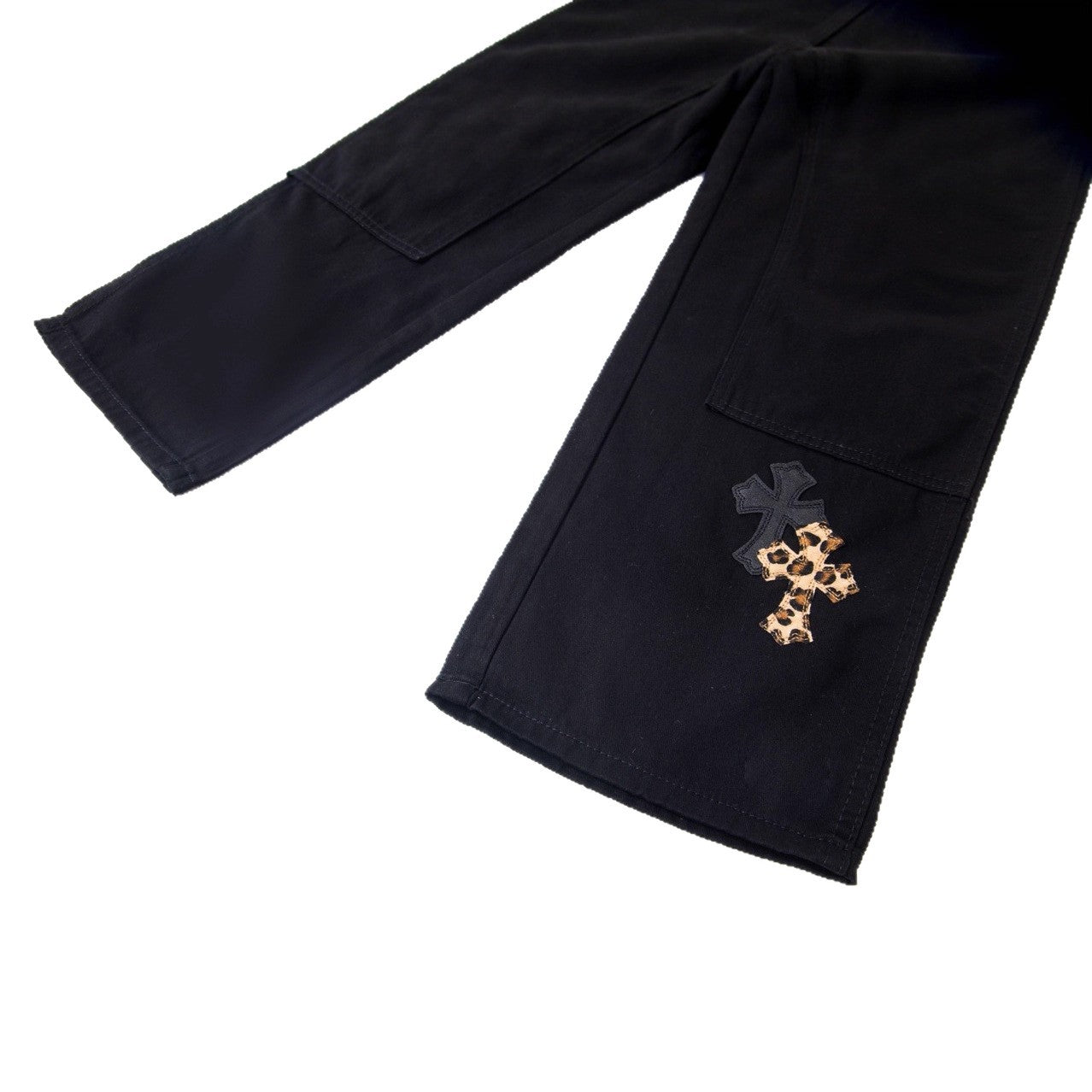 Workwear Black Leopard Cross Patchwork Loose Fit Couple Chrome Hearts Jeans