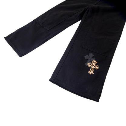 Workwear Black Leopard Cross Patchwork Loose Fit Couple Chrome Hearts Jeans