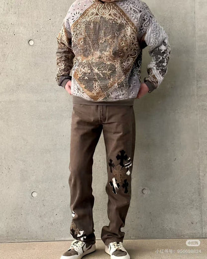 Chrome Hearts Cross Patch Washed Denim Jeans Loose Straight Leg Pants for Men and Women Streetwear Couple Spring Autumn