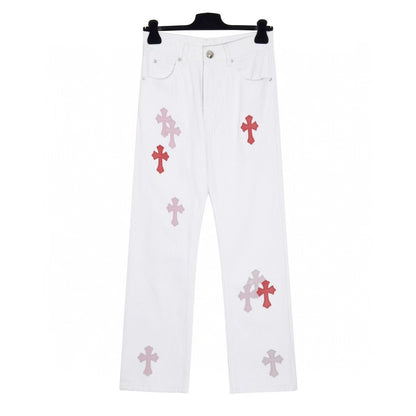 Chrome Hearts Cross Patch Embroidered Washed Denim Jeans Couple Loose Fit
