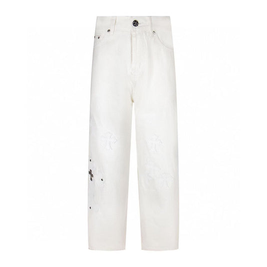 White Washed Jeans with Chrome Hearts Leather Cross Embroidery Couple Loose Fit Denim Fashion