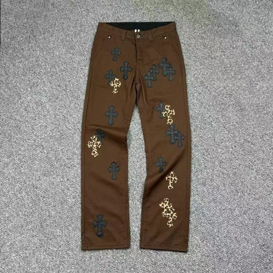 American High Street Gothic Cross Patch Unisex Loose Fit Washed Denim Jeans