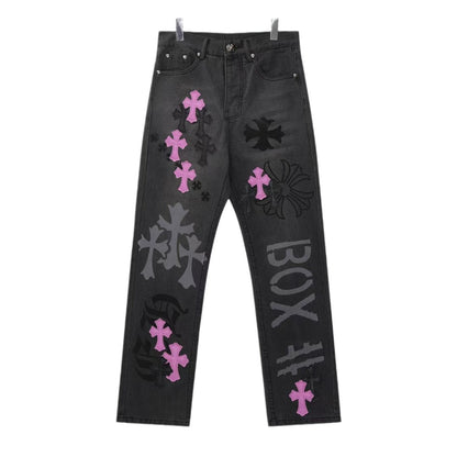 Chrome Hearts Cross Patch Embroidered Washed Jeans Couple Loose Streetwear Denim Pants