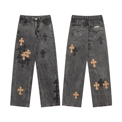 Vintage Cross CH Chrome Hearts Embroidered Washed Denim Jeans Unisex Loose Fit Street Fashion