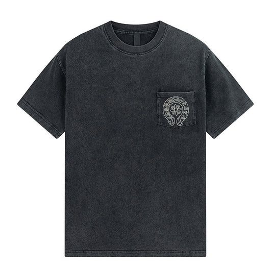 Chrome Hearts Short Sleeve Vintage Cotton Washed with Cross Scroll Horseshoe Diamond Design