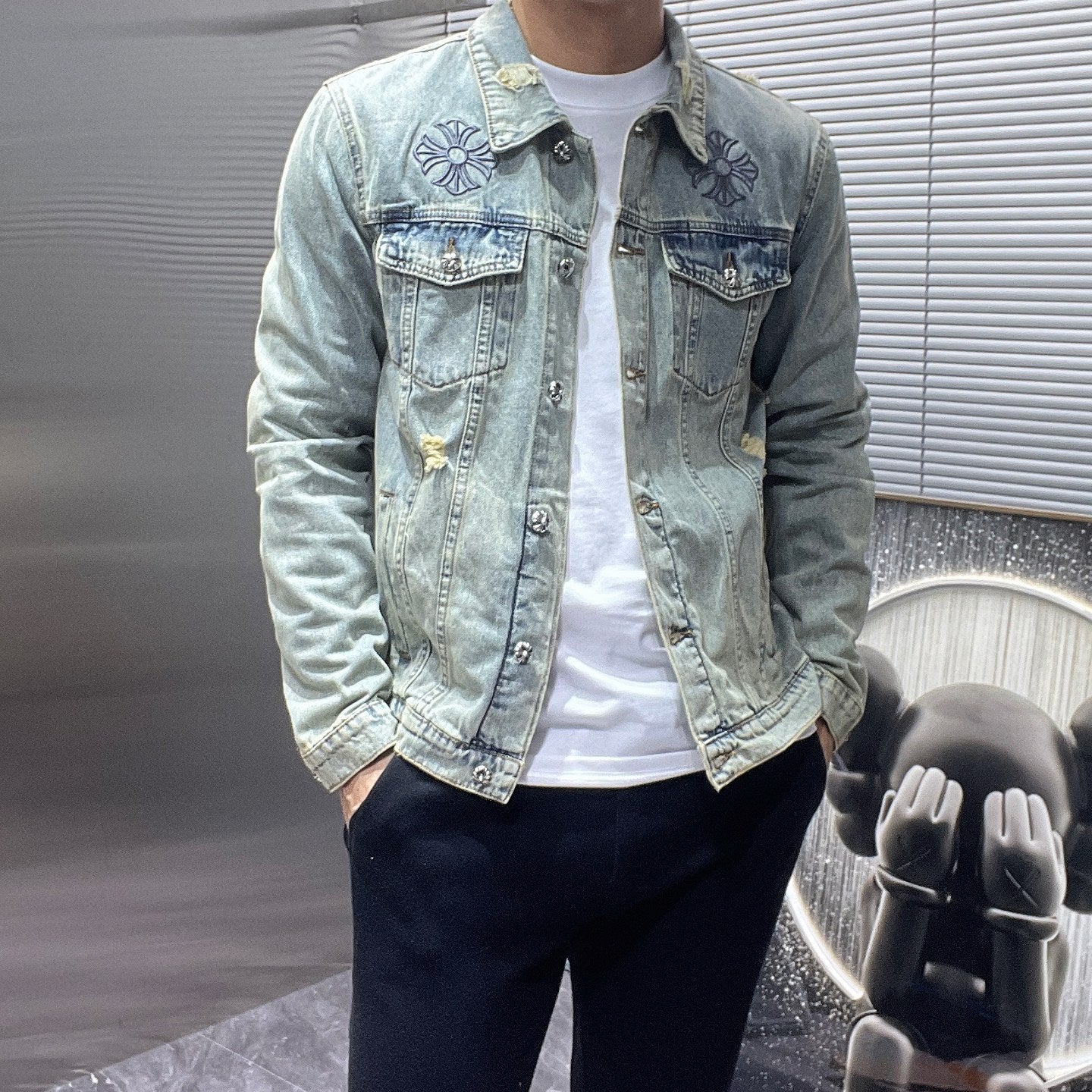 Chrome Hearts Embroidered Distressed Denim Jacket for Men Women